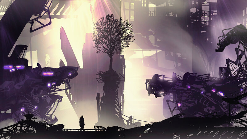Silhouette of Person in Ruins — Purple