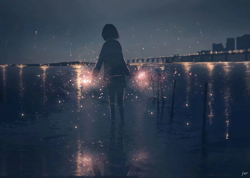 Silhouette of Person in Water — Blue, Serene, Night, Digital Art, Sparklers
