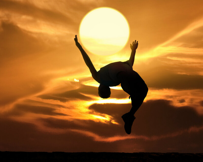 Silhouette of Person Jumping — Orange, Dramatic, Sunset, Photograph, Sun, Clouds