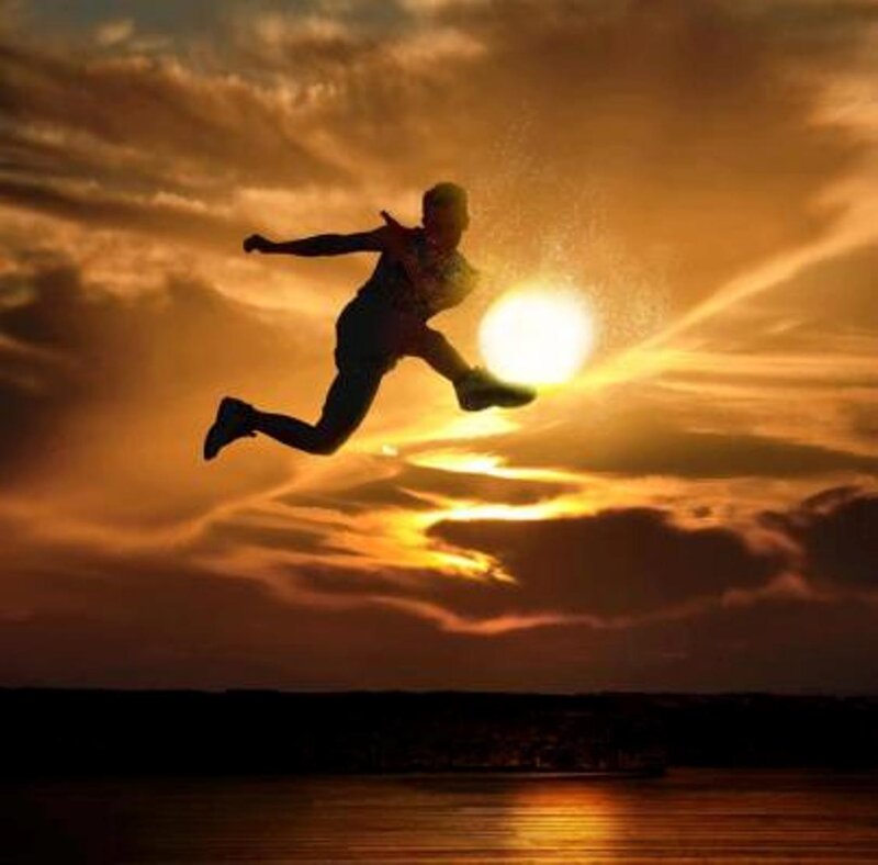 Silhouette of Person Jumping — Orange, Dramatic, Sunset, Photograph, Sun