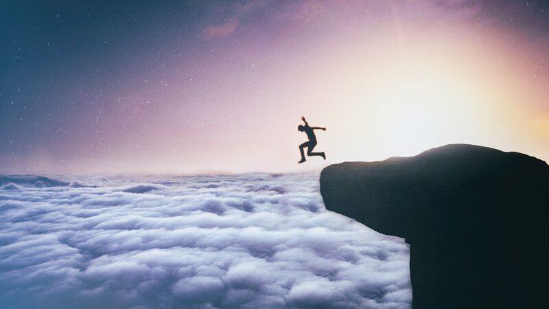 Silhouette of Person Jumping — Purple, Dramatic, Sunset, Digital Art