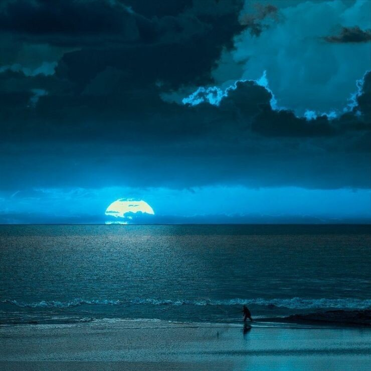 Silhouette of Person on Beach — Blue, Dramatic, Night, Photograph