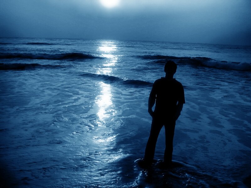 Silhouette of Person on Beach — Blue, Dramatic, Night