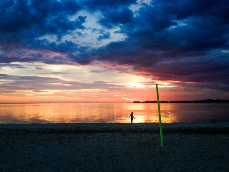 Silhouette of Person on Beach — Blue, Dramatic, Sunset, Photograph, Pole