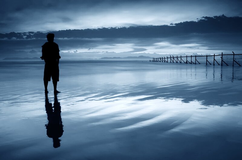 Silhouette of Person on Beach — Blue, Dramatic, Sunset, Photograph