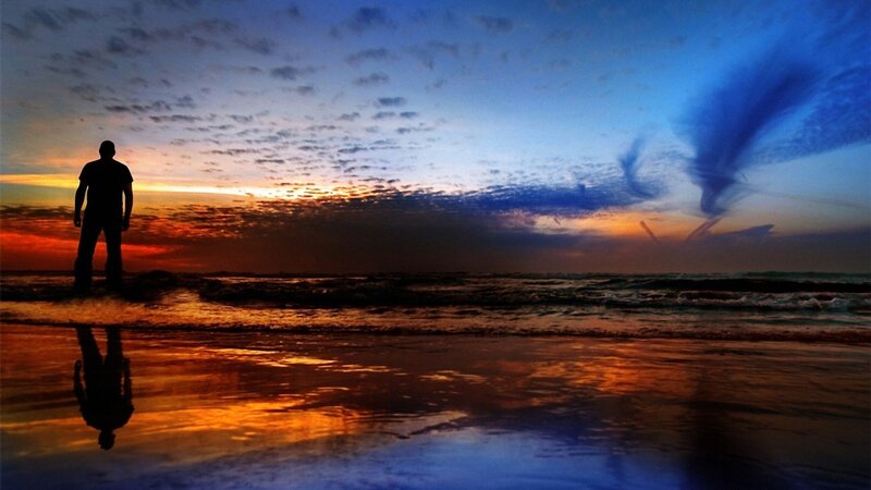 Silhouette of Person on Beach — Blue, Dramatic, Sunset
