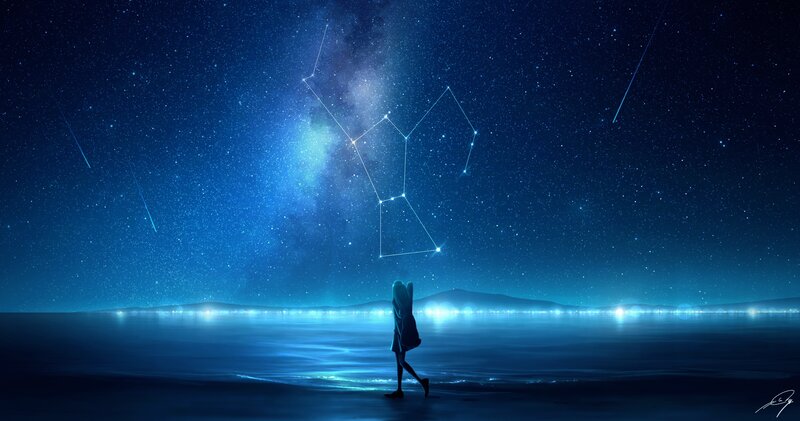 Silhouette of Person on Beach — Blue, Serene, Night, Digital Art