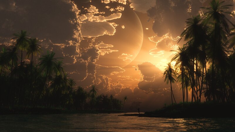 Silhouette of Person on Beach — Orange, Dramatic, Sunset, Digital Art, Palm Trees
