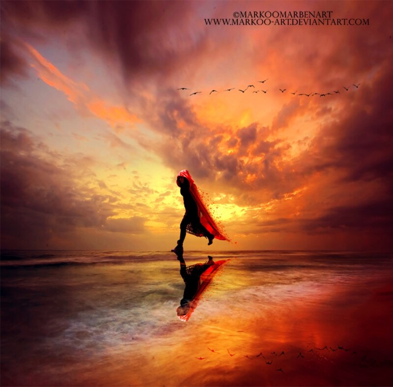 Silhouette of Person on Beach — Orange, Dramatic, Sunset, Digital Art