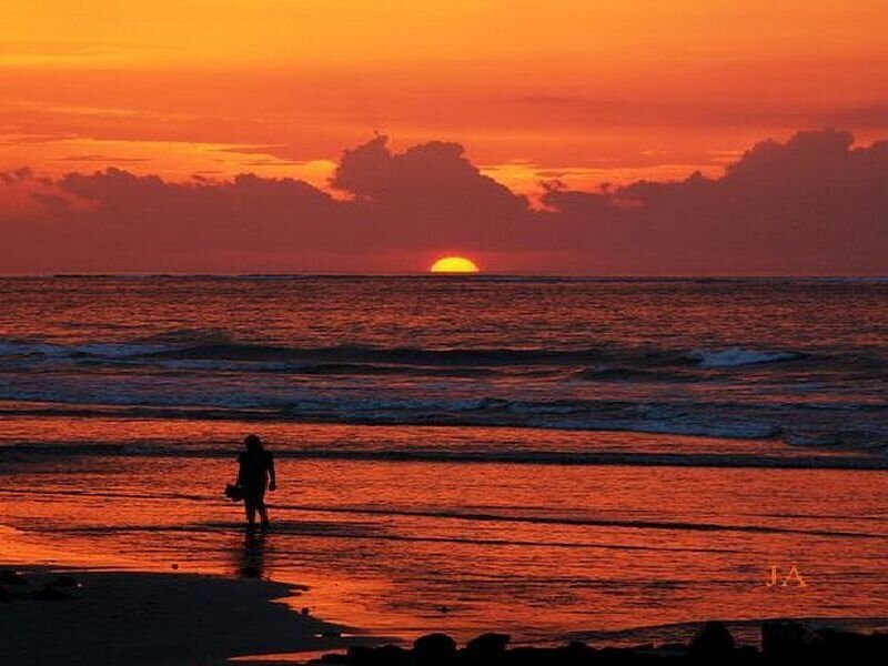 Silhouette of Person on Beach — Orange, Dramatic, Sunset, Photograph