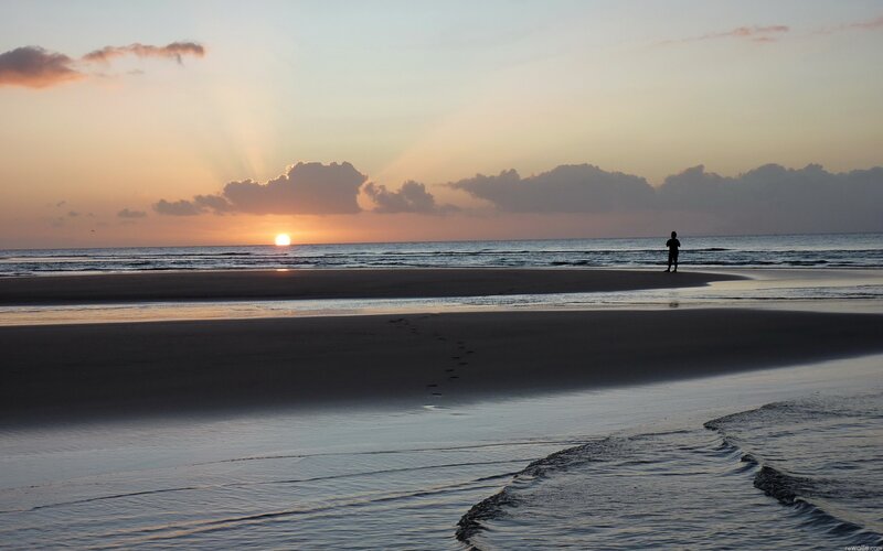 Silhouette of Person on Beach — Orange, Serene, Sunrise