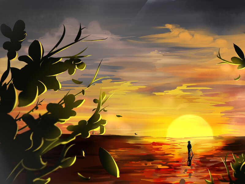 Silhouette of Person on Beach — Yellow, Dramatic, Sunset, Digital Art