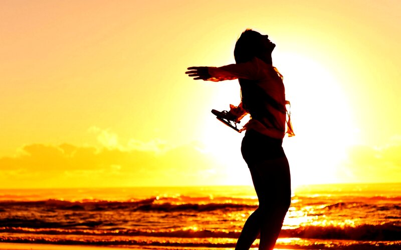 Silhouette of Person on Beach — Yellow, Dramatic, Sunset, Photograph