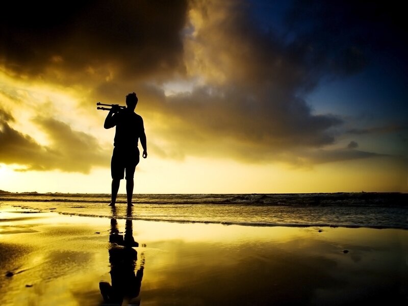 Silhouette of Person on Beach — Yellow, Dramatic, Sunset