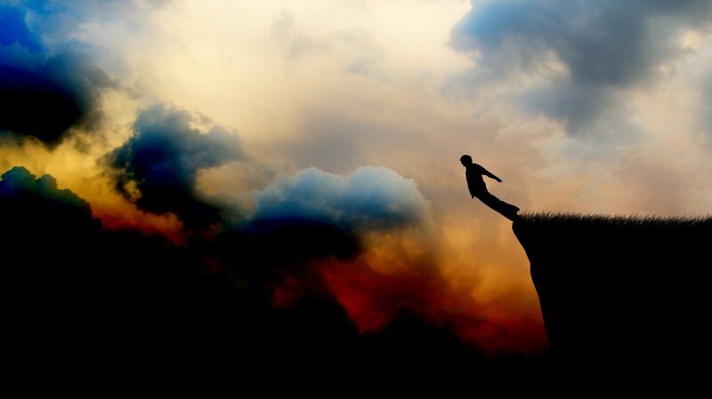 Silhouette of Person on Cliff — Black, Dramatic, Sunset, Digital Art, Sky, Clouds