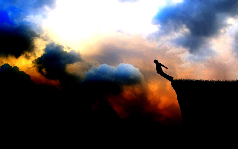 Silhouette of Person on Cliff — Blue, Dramatic, Sunset