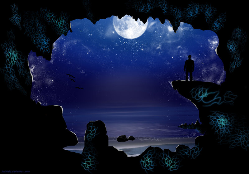 Silhouette of Person on Cliff — Blue, Serene, Night