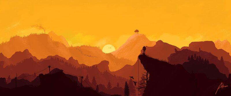 Silhouette of Person on Cliff — Orange, Dramatic, Sunset, Digital Art, Mountains
