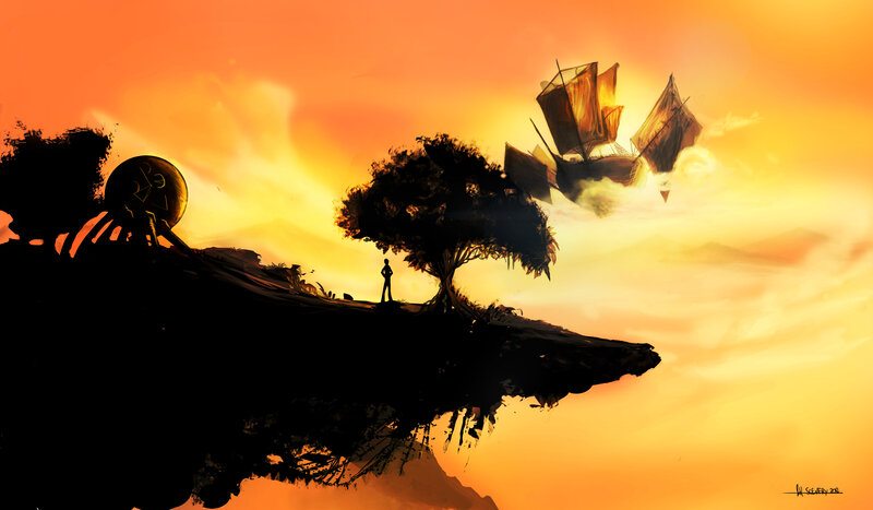 Silhouette of Person on Cliff — Orange, Dramatic, Sunset, Digital Art