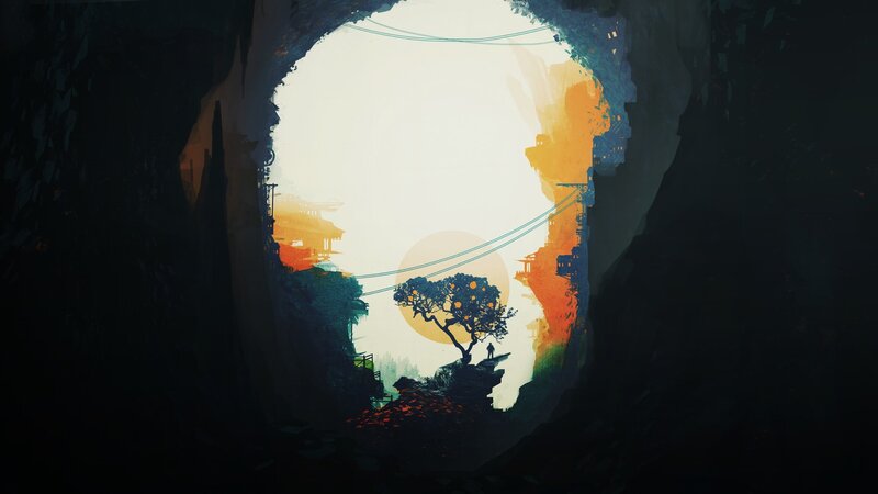 Silhouette of Person on Cliff — Orange, Serene, Sunset, Digital Art, Tree