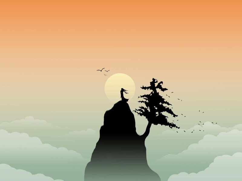 Silhouette of Person on Cliff — Orange, Serene, Sunset