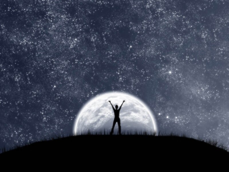 Silhouette of Person on Hill — Black, Serene, Night, Digital Art, Moon