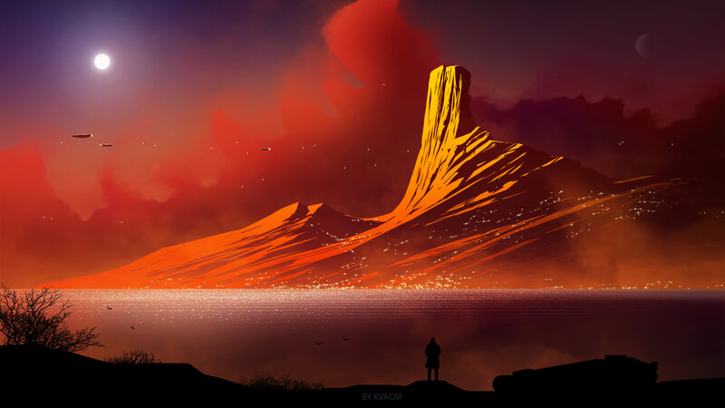 Silhouette of Person on Hill — Red, Dramatic, Night, Digital Art, Mountain