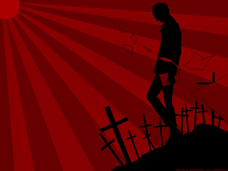 Silhouette of Person on Hill — Red, Dramatic, Sunset, Digital Art, Crosses