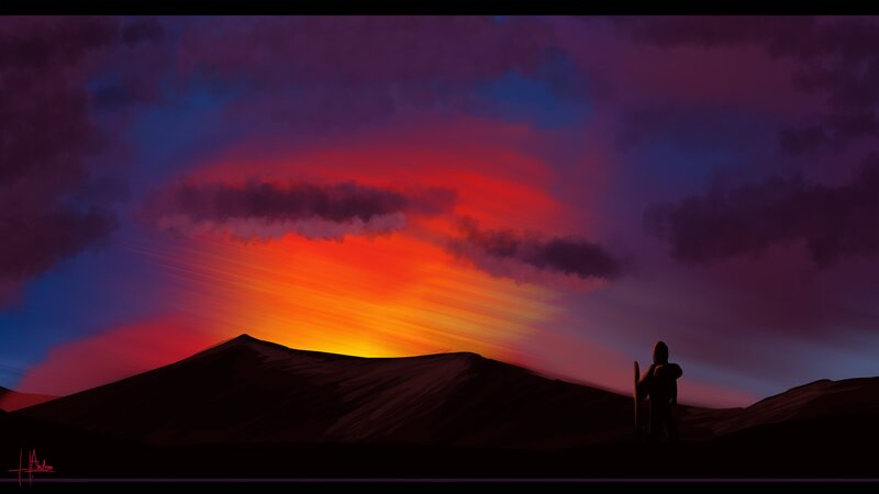 Silhouette of Person on Hill — Red, Dramatic, Sunset, Digital Art, Mountain