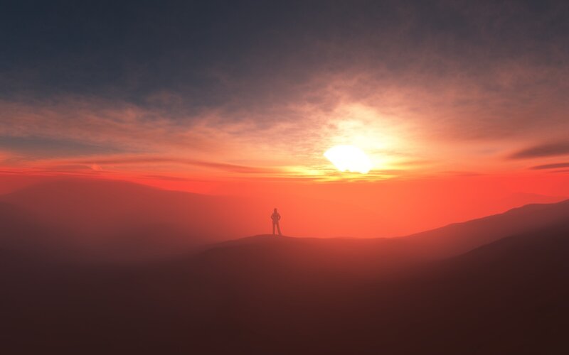 Silhouette of Person on Hill — Red, Dramatic, Sunset, Digital Art, Sun, Mountains