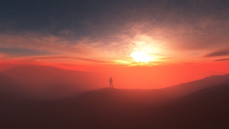 Silhouette of Person on Hill — Red, Dramatic, Sunset, Digital Art