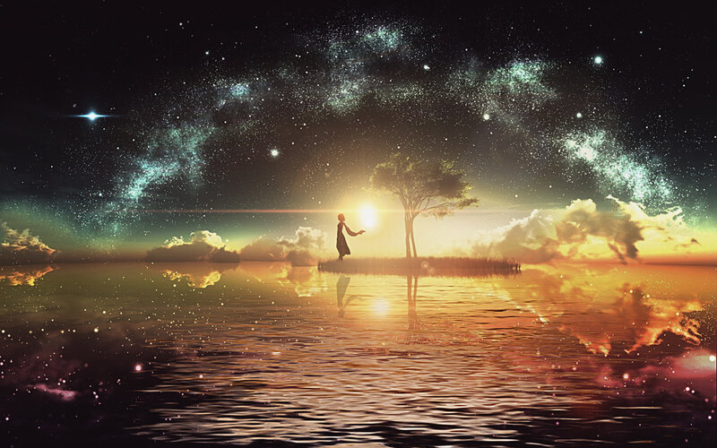 Silhouette of Person on Island — Orange, Serene, Night