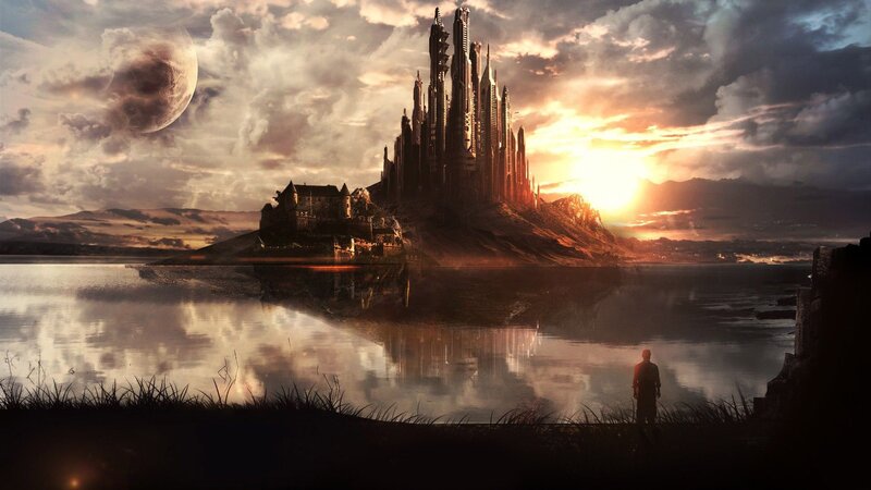 Silhouette of Person — Orange, Dramatic, Sunset, Digital Art, Castle, Moon