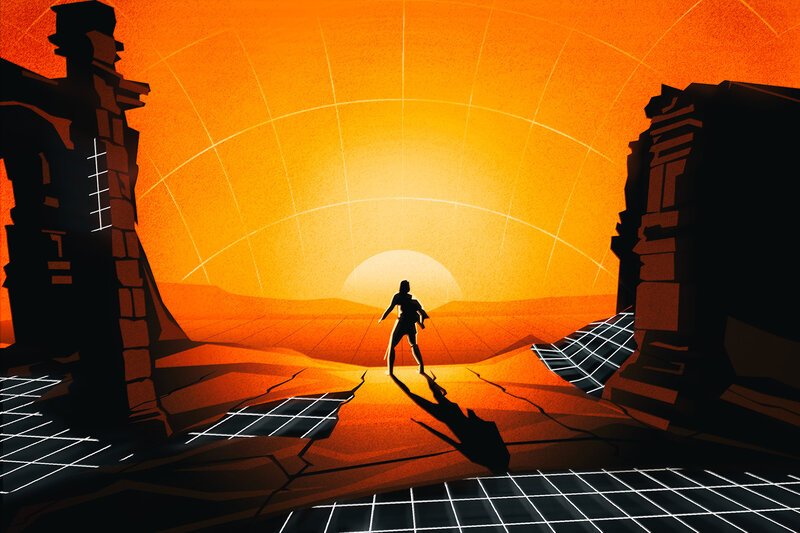 Silhouette of Person — Orange, Dramatic, Sunset, Digital Art, Ruins