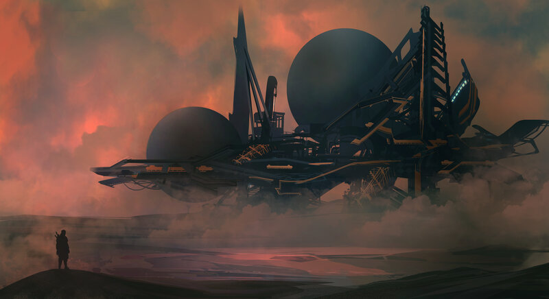 Silhouette of Person — Orange, Dramatic, Sunset, Digital Art, Spaceship, Spheres