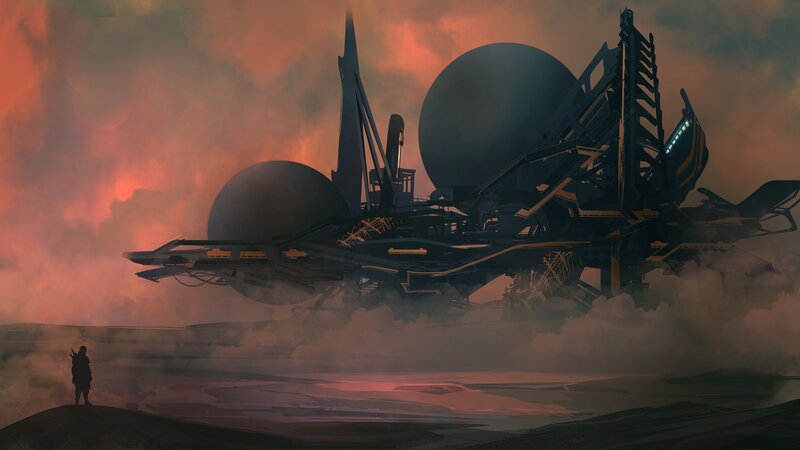 Silhouette of Person — Orange, Dramatic, Sunset, Digital Art, Spaceship