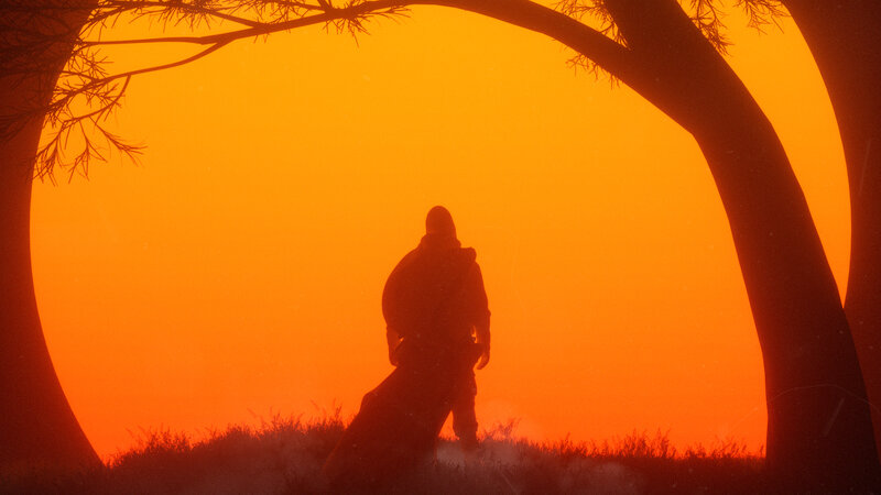 Silhouette of Person — Orange, Dramatic, Sunset, Digital Art, Tree