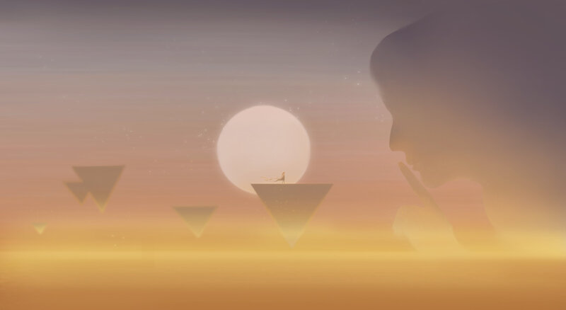 Silhouette of Person — Orange, Serene, Sunset, Digital Art, Moon