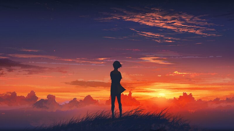 Silhouette of Person — Orange, Serene, Sunset, Digital Art, Sky