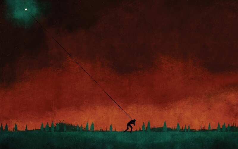 Silhouette of Person Pulling Rope — Red, Dramatic, Night