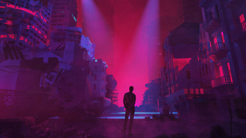 Silhouette of Person — Purple, Dramatic, Night, Digital Art, Ruins