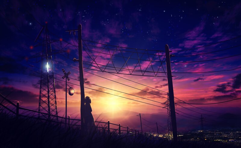 Silhouette of Person — Purple, Dramatic, Sunset, Digital Art, Power Lines