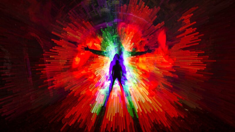 Silhouette of Person — Red, Dramatic, Digital Art, Light Rays