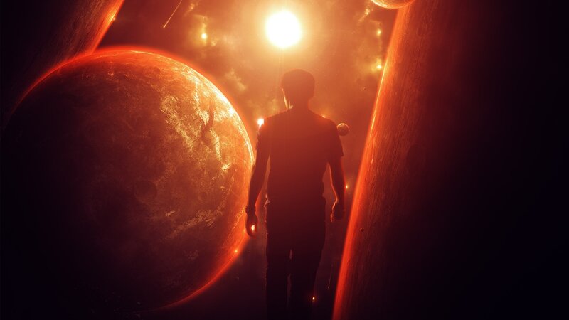 Silhouette of Person — Red, Dramatic, Digital Art, Planet