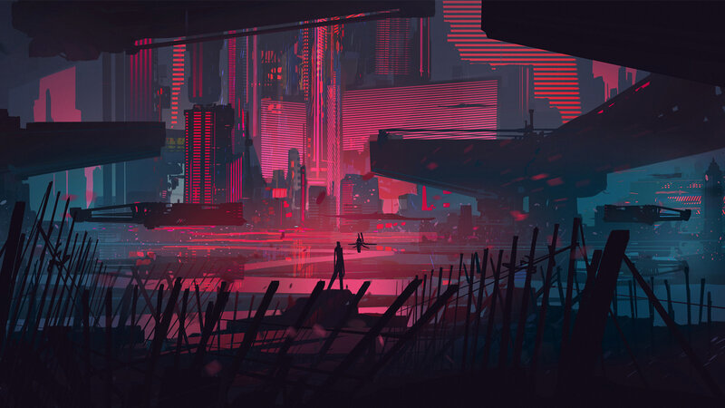 Silhouette of Person — Red, Dramatic, Night, Digital Art, City Skyline