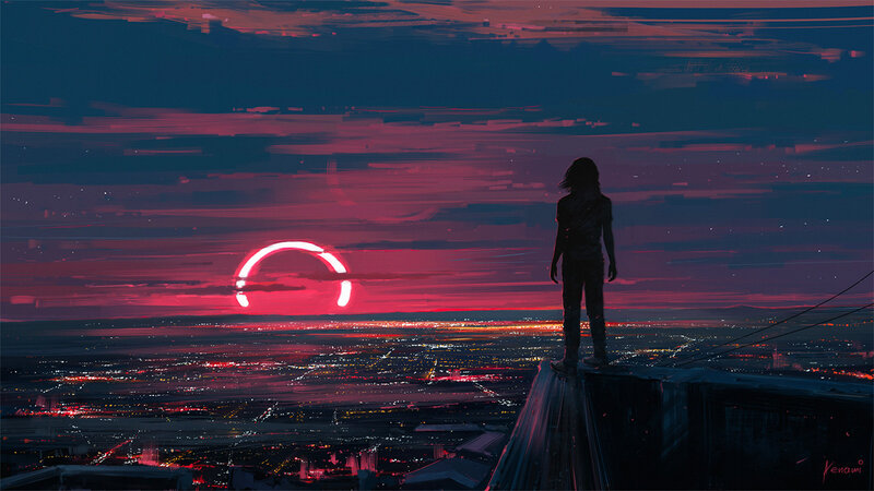 Silhouette of Person — Red, Dramatic, Night, Digital Art, Cityscape