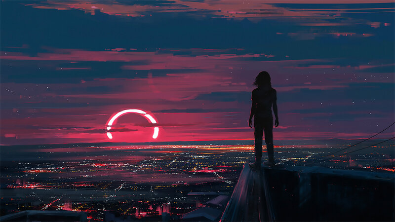 Silhouette of Person — Red, Dramatic, Night, Digital Art