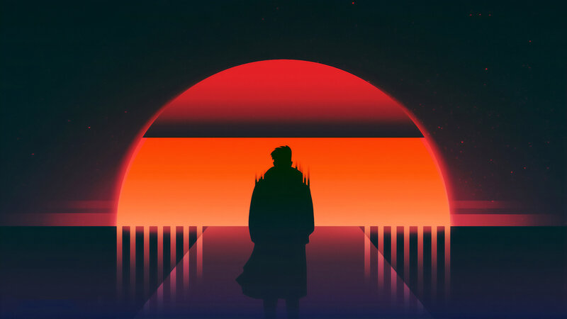 Silhouette of Person — Red, Dramatic, Sunset, Digital Art, Fence