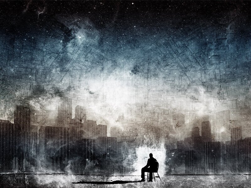 Silhouette of Person Sitting — Black, Dramatic, Night, Digital Art, City Skyline, Stars, Chair