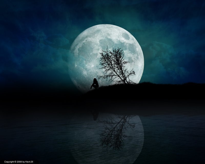 Silhouette of Person Sitting — Blue, Dramatic, Night, Digital Art, Moon, Tree